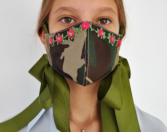 designer face mask, camouflage ties mask, embroidered mask, duoble layer mask, decorative mask ties, fashionable mask, summer face mask