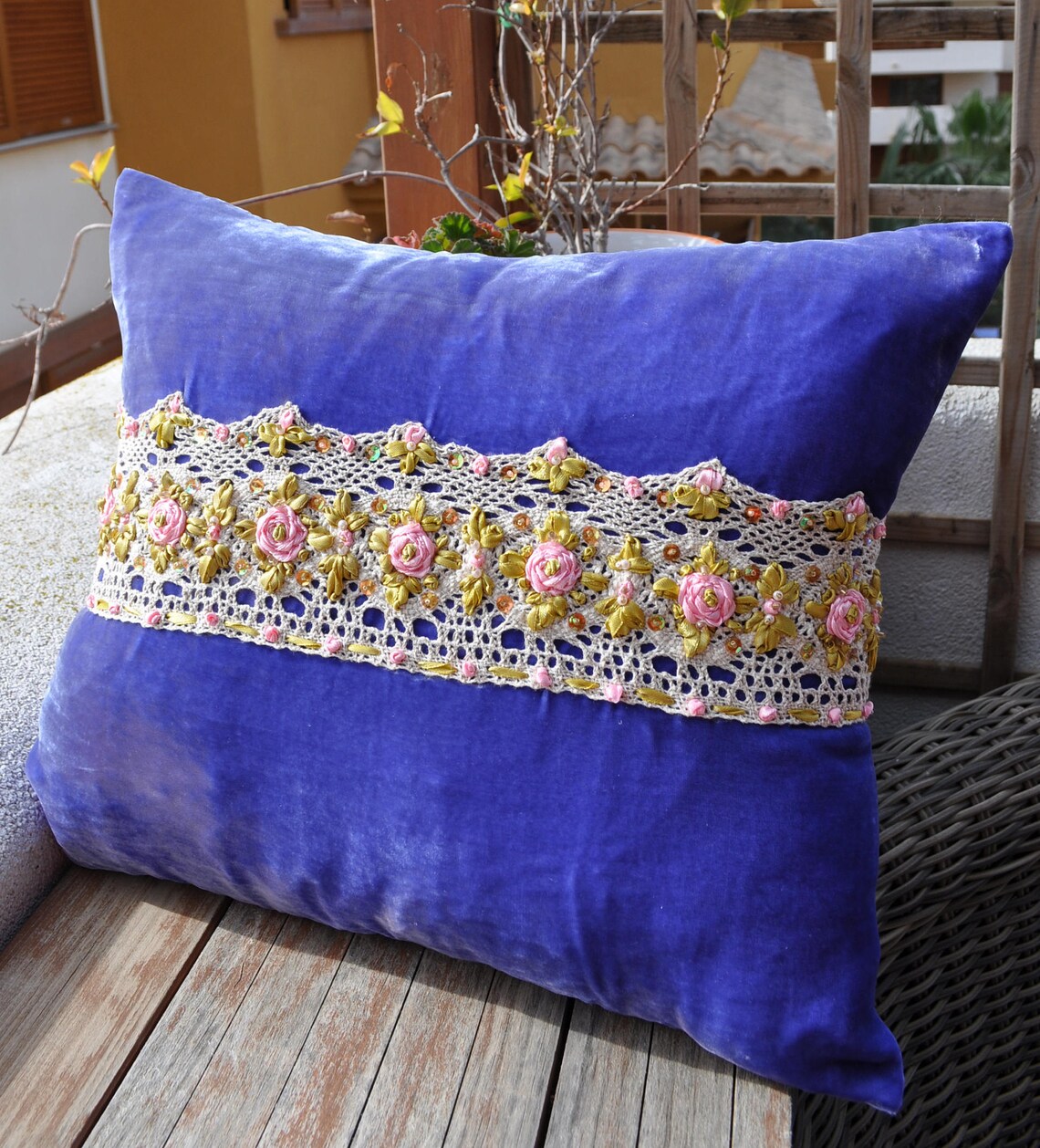 Rustic Velvet Pillow Blue Velvet Pillow Velvet Lace Pillow Etsy