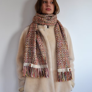 handmade scarf, brown womens scarf, extra long scarf, fringes unisex scarf, beige long scarf, women tweed scarf, velvet tweed scarf