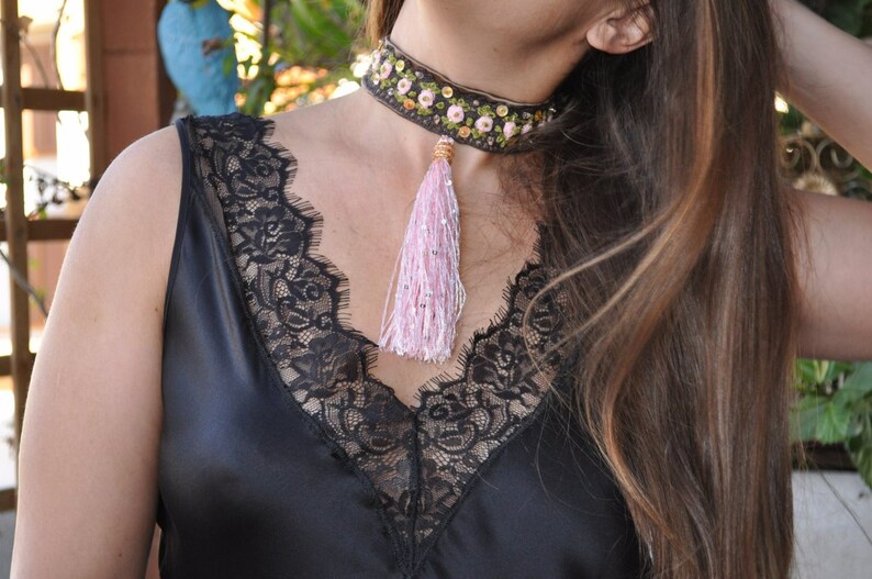 silk brown necklace, necklace long ties, silk flowers choker, embroidery necklace, embroidery choker, flowers necklace, statement necklace image 3