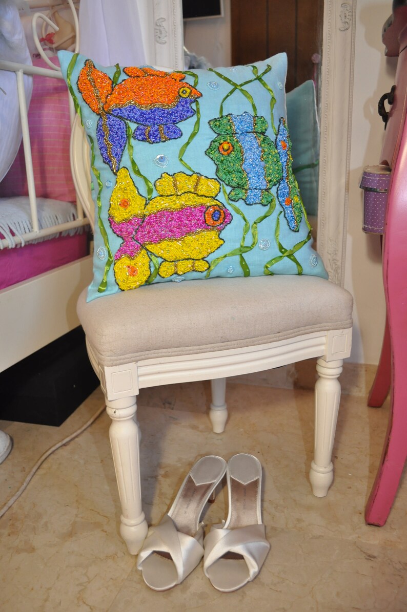 Rainbow Fish Pillow Fish Print Pillow Embroidery Pillow Etsy