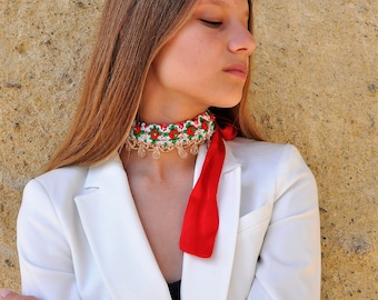 red velvet necklace, jewel velvet choker, choker red long ties, beaded lace necklace, bridal lace choker, wedding jewel collar