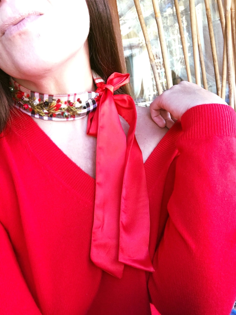 Plaid Stitching Rivet Tie Decoration Choker