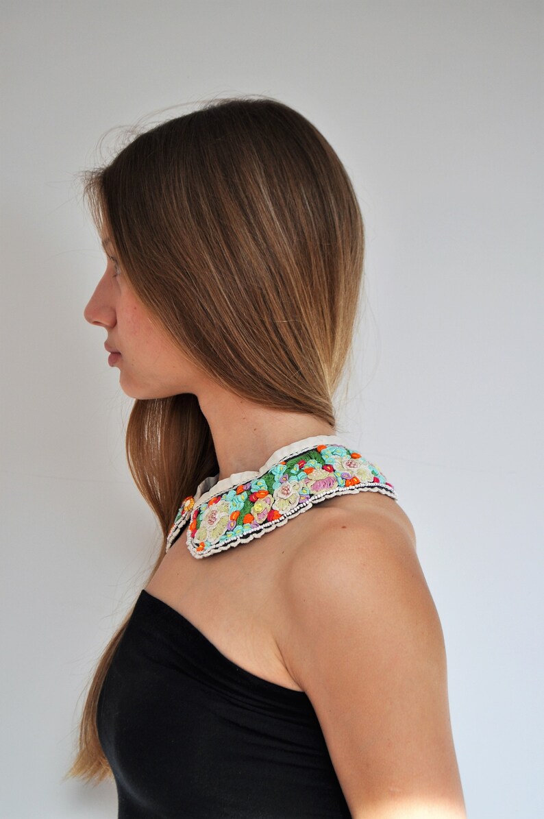 gray collar flowers, extra large collar, embroidery collar, Peter Pan collar, brazilian embroidery, wool lace collar, designer big collar image 3