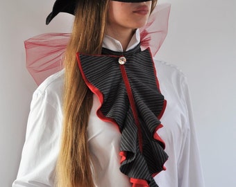 necktie ruffle jabot, lace necktie jabot, coquillier jabot tie, lace jabot collar, red striped necktie, statement necklace