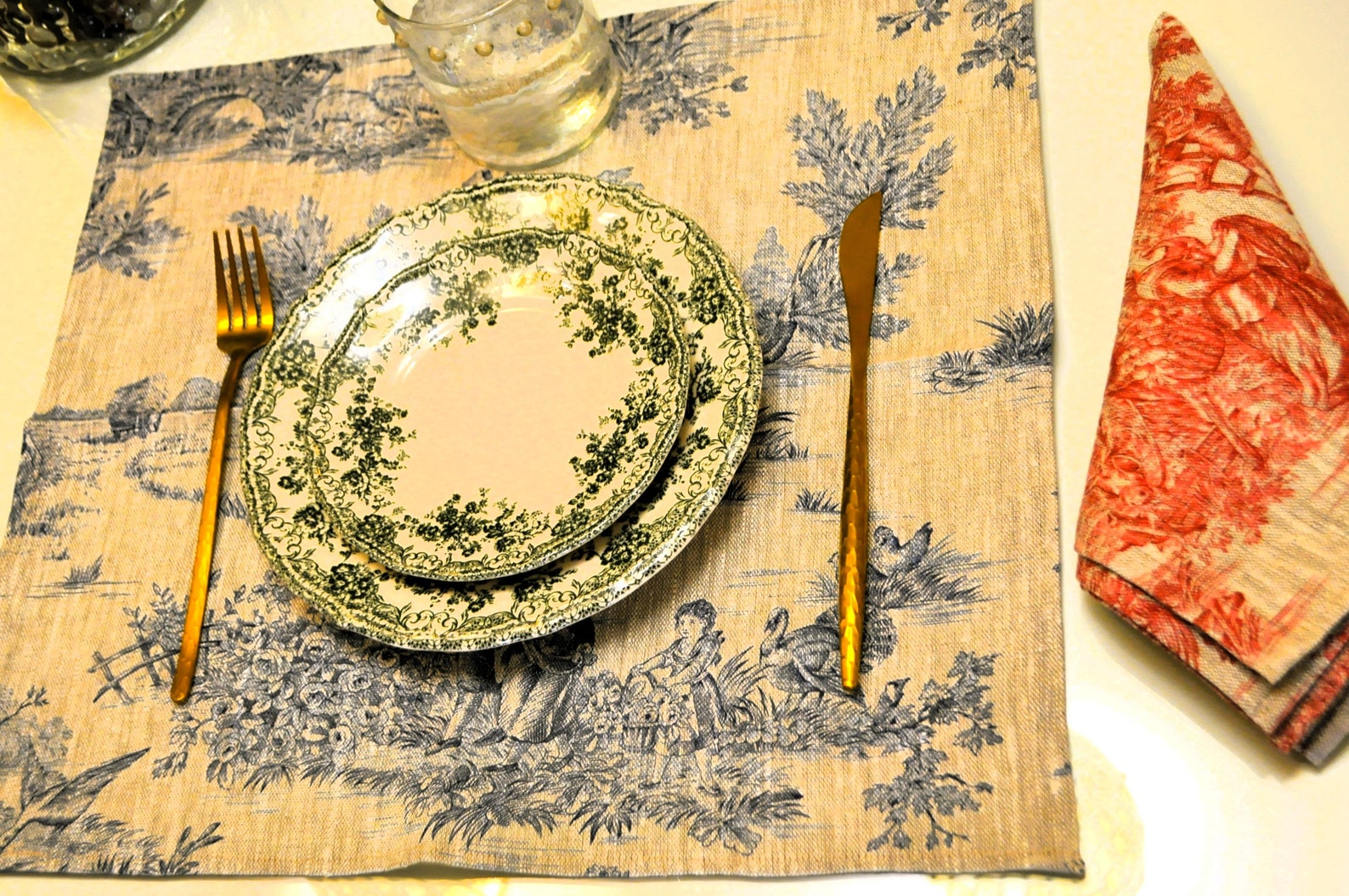 Toile De Jouy Napkin, Linen Vintage Napkin, Vintage Style Napkin, 6