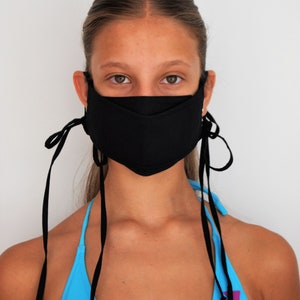 designer black mask, mask with ties, triple layer mask, decorative mask, fashionable mask, summer face mask, black long ties mask