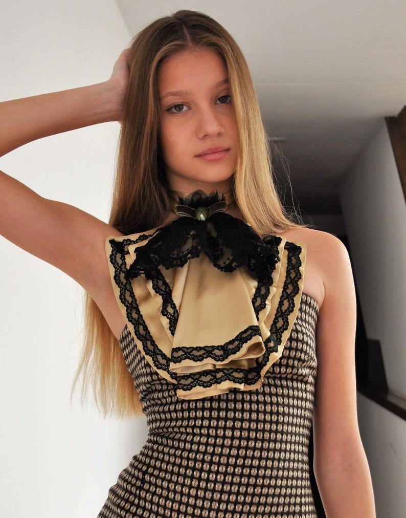 Silk Jabot Collar Black Lace Victorian Neckpiece Statement Collar Gothic Couture Accessory for Photoshoot Editorial Styling image 1