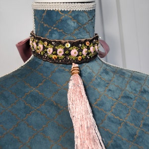 silk brown necklace, necklace long ties, silk flowers choker, embroidery necklace, embroidery choker, flowers necklace, statement necklace