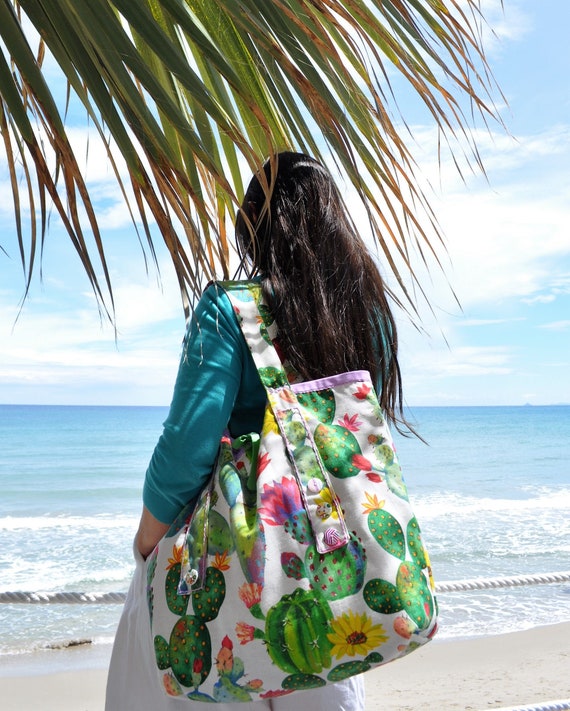 Bolso playa grande cactus, bolso playa estampado cactus, bolso