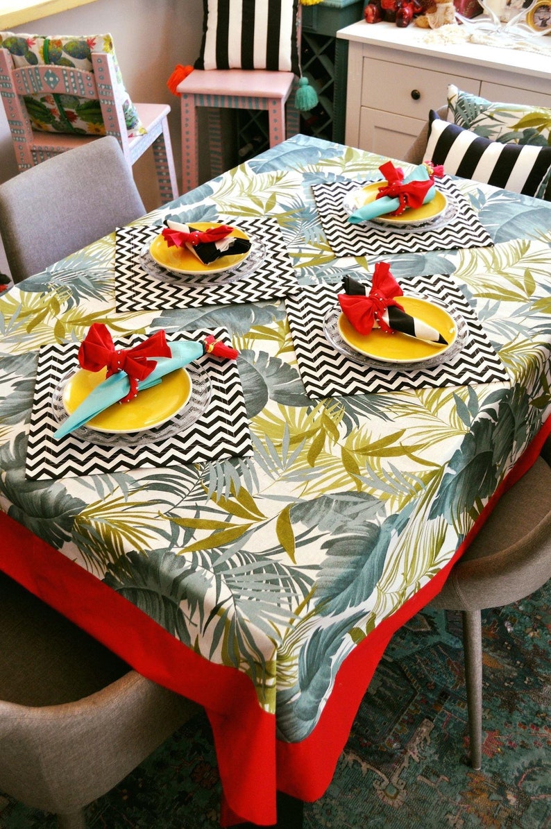 Tropical Tablecloth Green Red Tablecloth Cotton Tablecloth Etsy