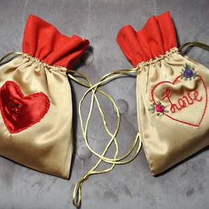hand embroidered bag, embroidery sack bag, gold satin bag, wedding satin bag, bridal satin bag, mini bag for IPhone, gold silk makeup bag