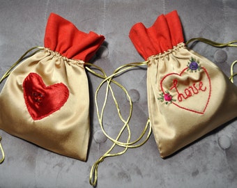 Valentines heart bag, red gold heart pouch, bridal red gold bag, embroidery gold bag, gold satin purse, small gold sack bag