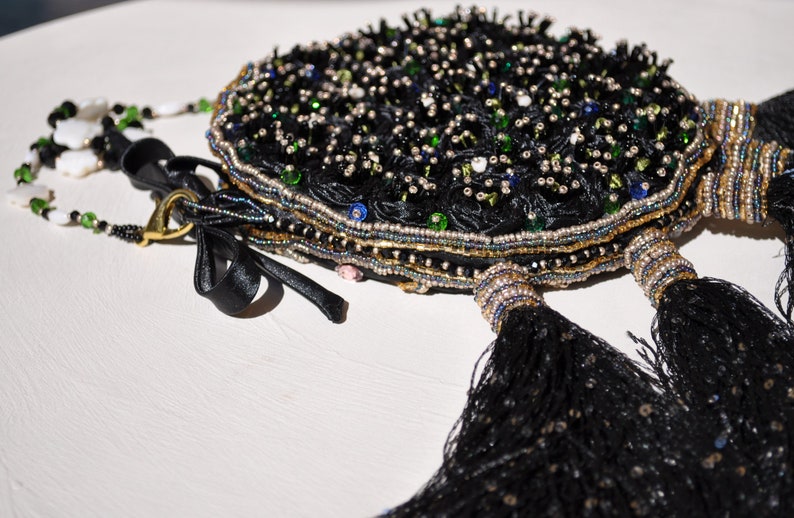 Jewel Round Clutch, Embroidery Satin Bag, Round Clutch Bag, Black Small