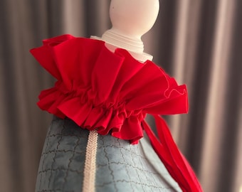 Cuello Jabot Rojo Desmontable con Volantes, Cuello Victoriano de Algodón