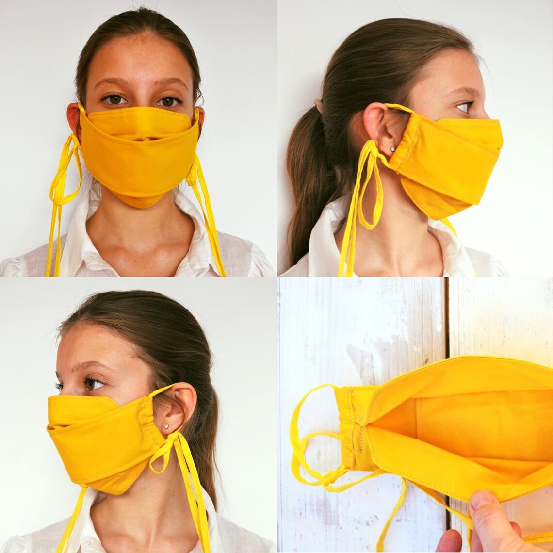 Designer yellow mask mask with long ties duoble layer mask Etsy