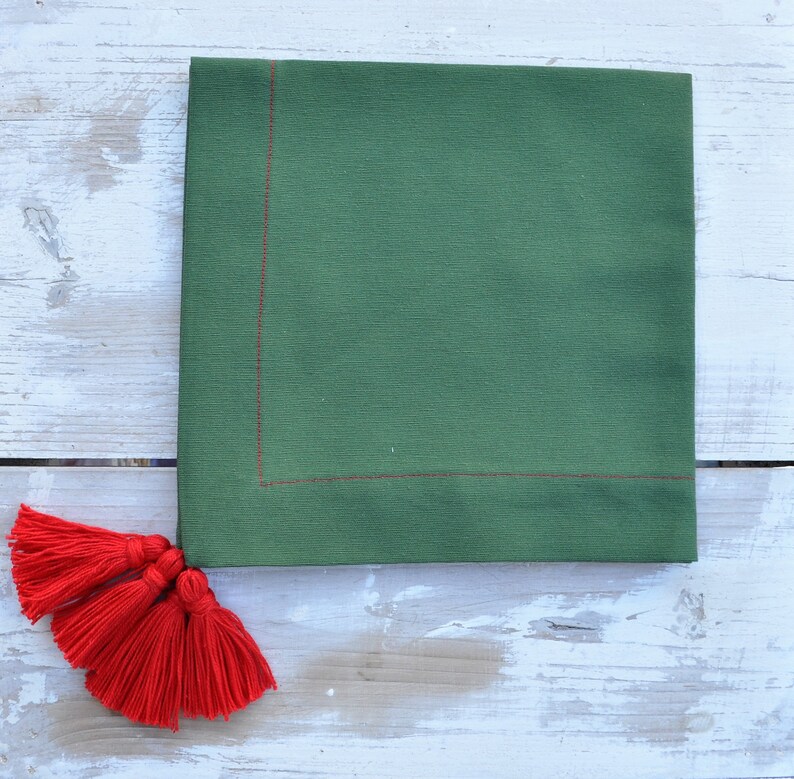 set 4 Xmas napkins, green red napkins, red tassels napkins, cotton green napkins, placemats tablecloth, green cotton napkins image 9