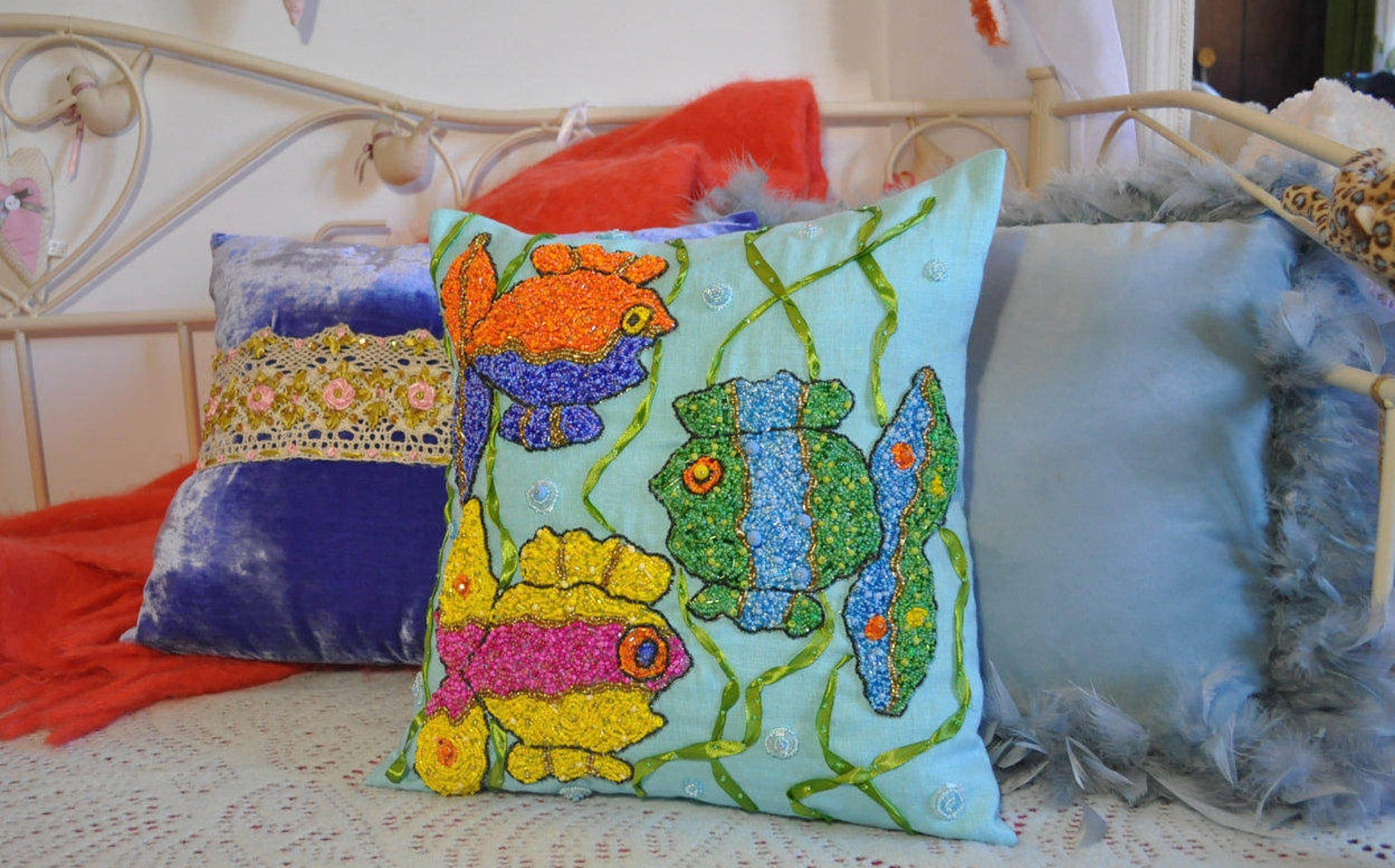Rainbow Fish Pillow Fish Print Pillow Embroidery Pillow Etsy