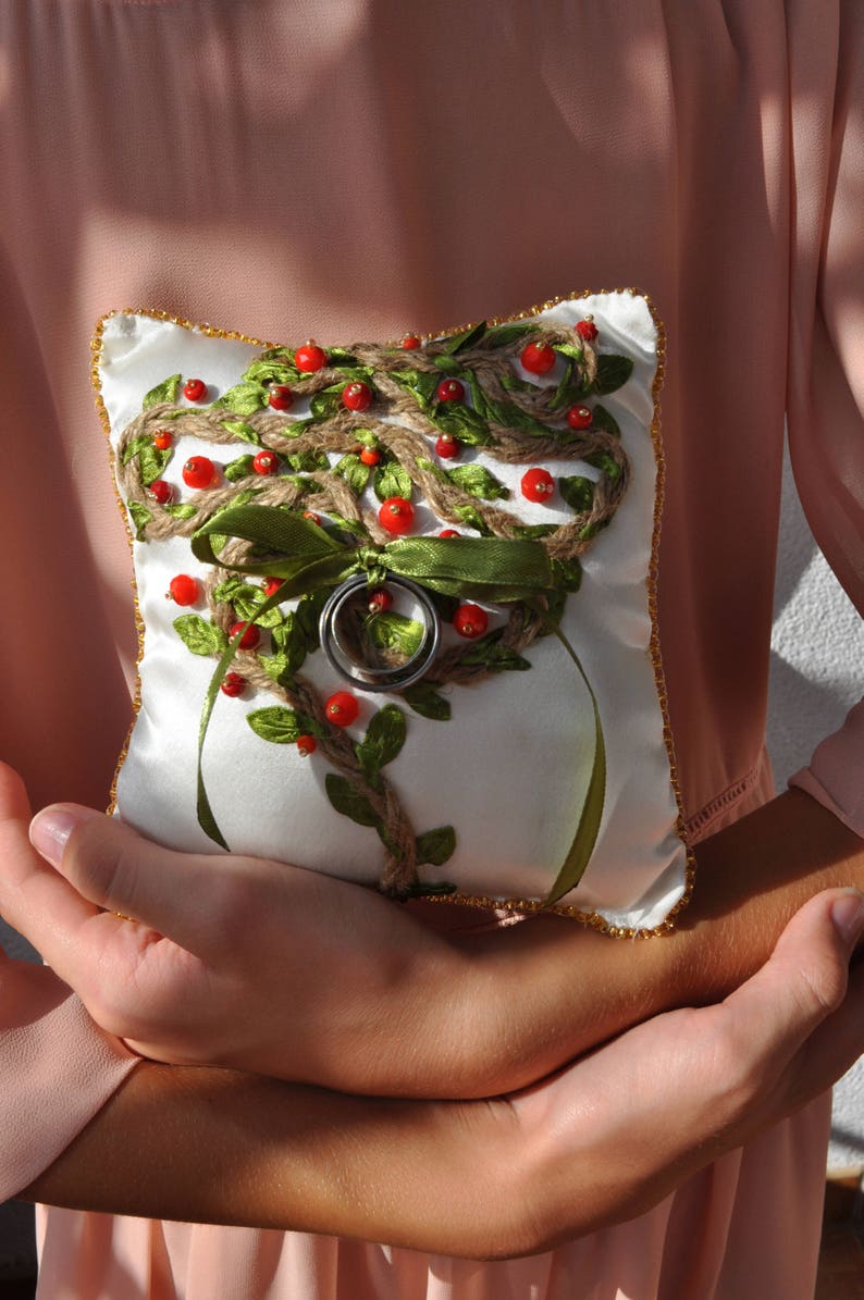 Wedding rings pillow embroidered pillow rustic satin pillow Etsy