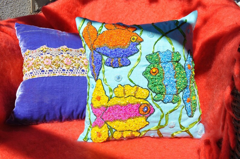 Rainbow Fish Pillow Fish Print Pillow Embroidery Pillow Etsy