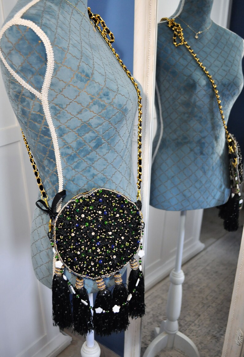 Jewel Round Clutch, Embroidery Satin Bag, Round Clutch Bag, Black Small