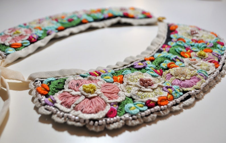 gray collar flowers, extra large collar, embroidery collar, Peter Pan collar, brazilian embroidery, wool lace collar, designer big collar image 9