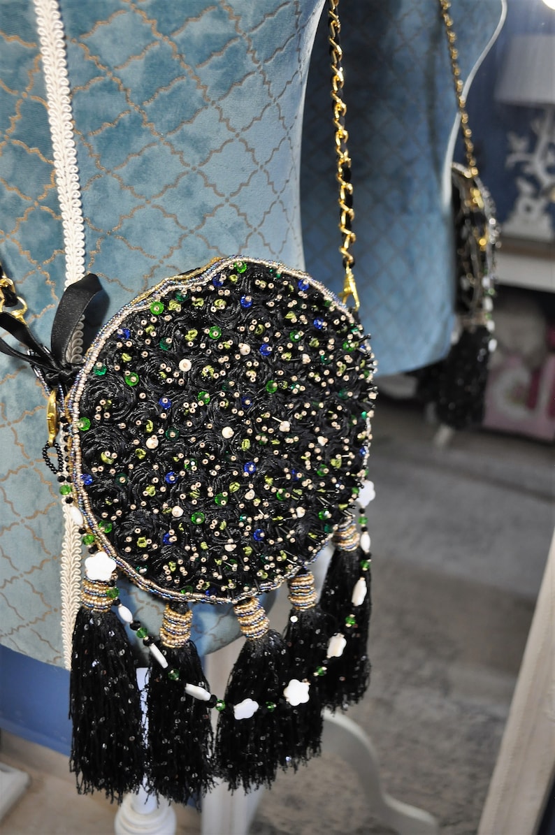 Jewel Round Clutch, Embroidery Satin Bag, Round Clutch Bag, Black Small