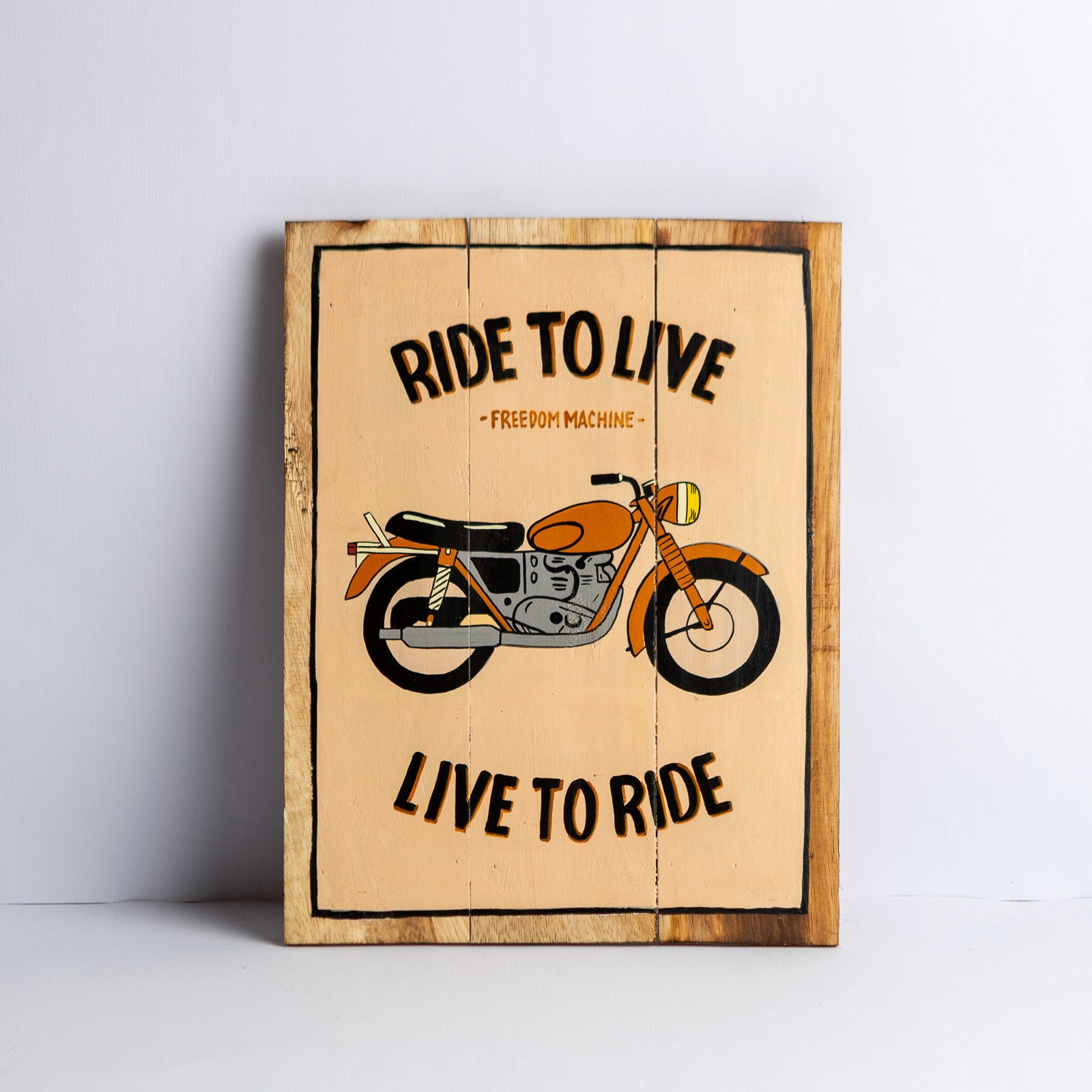 Peinture sur Bois Palette Recyclé Beige et Noir A3 Décoration Murale Citation Minimaliste Moto Vinta