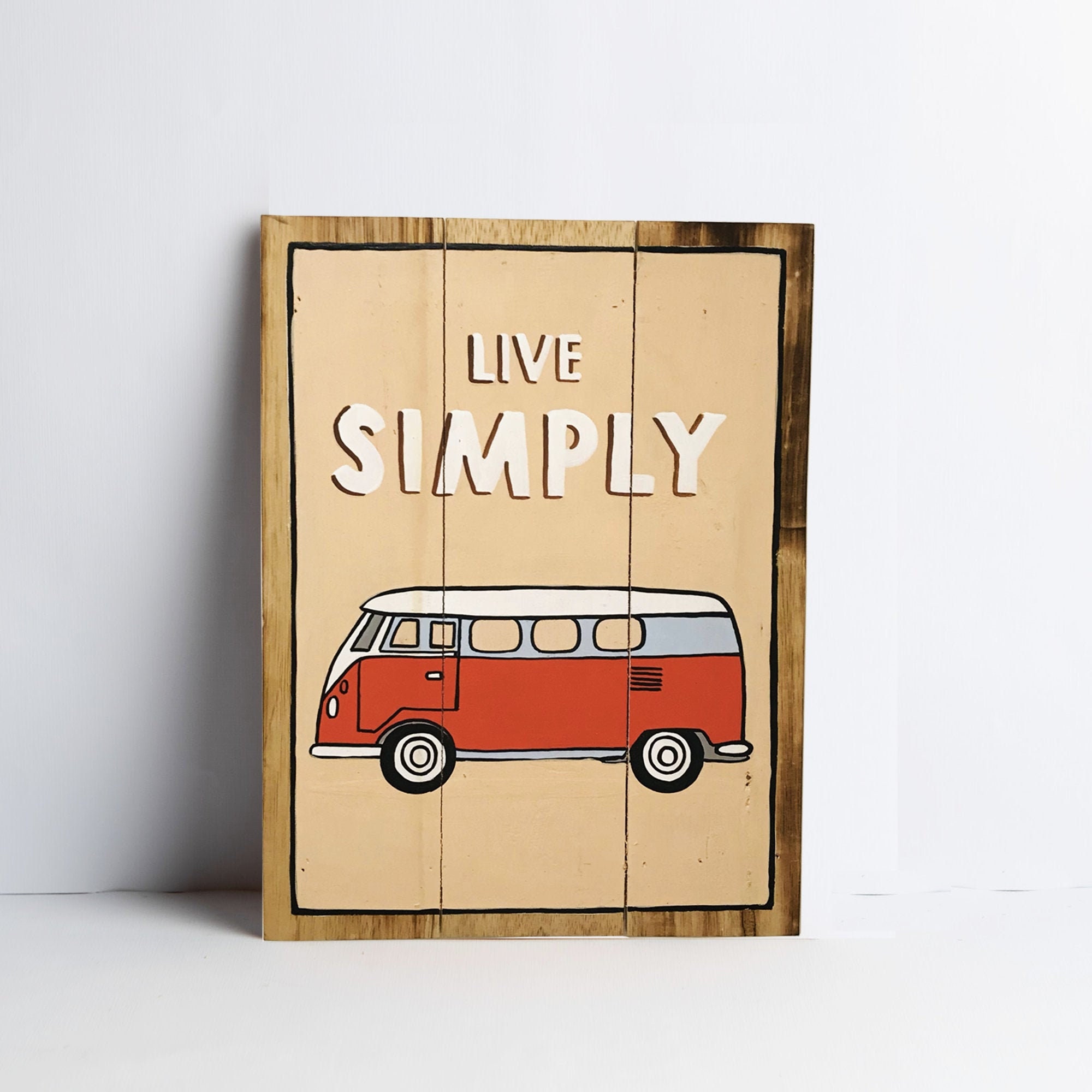 Live Simply in A Campervan - Peinture sur Bois Recyclé 30x40 cm et 40x60 Affiche Van Rouge Live Simp