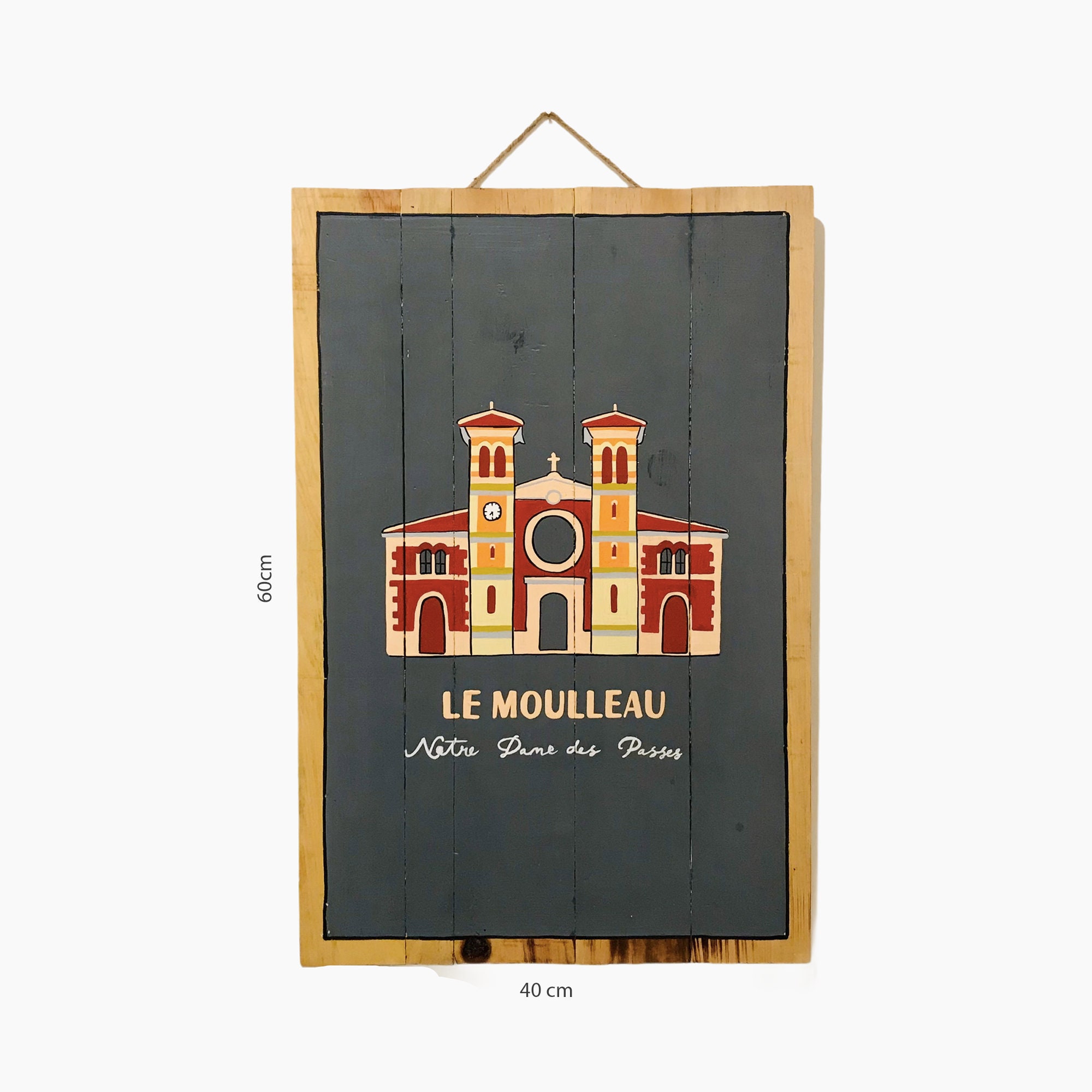 Le Moulleau - Peinture sur Bois de Recyclé 40x60 cm Affiche Vintage Arcachon Village Église Notre Da