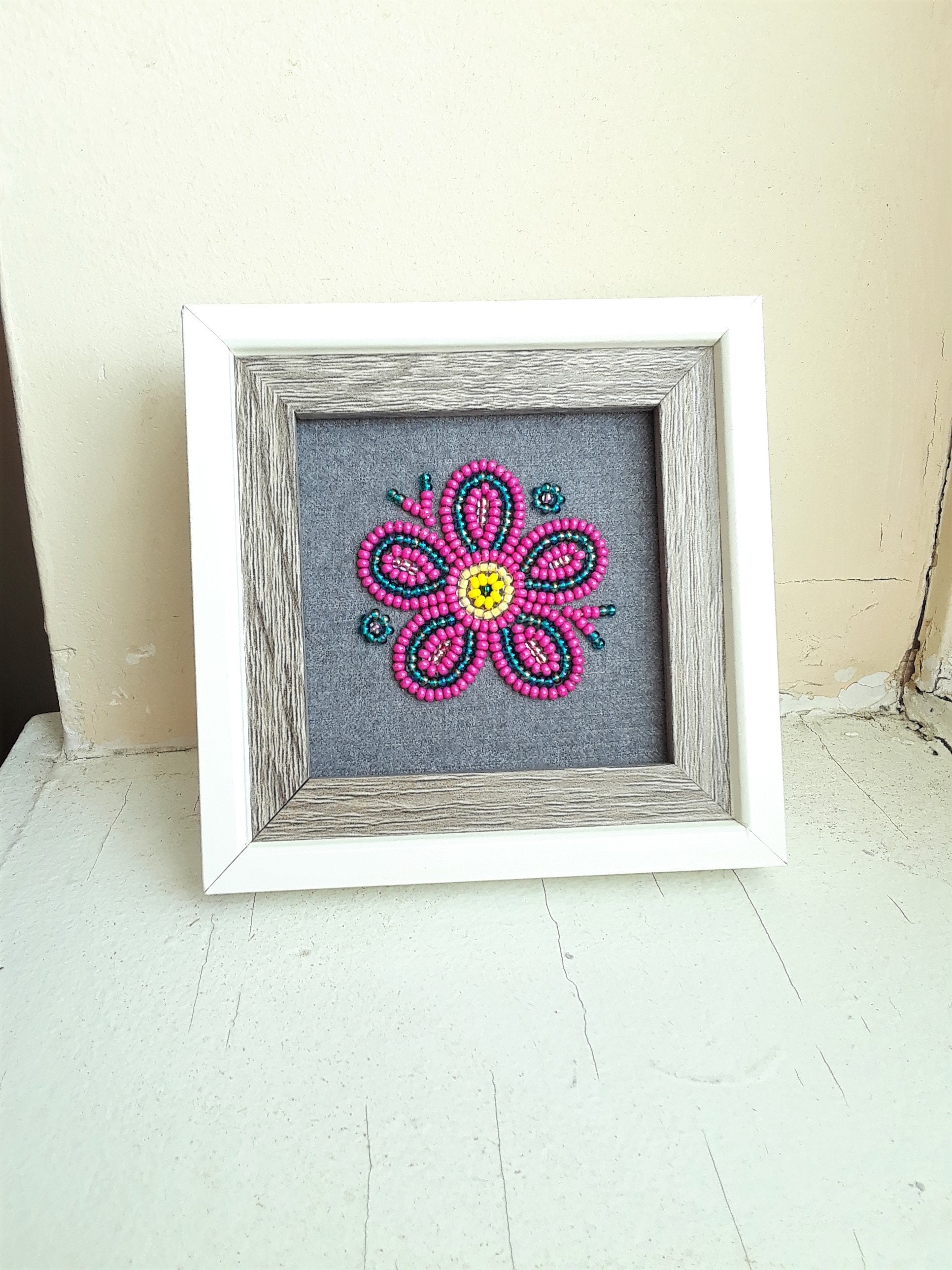 Metis Beaded Flower, Metis Beadwork, Beadwork, Native Art, Indigenous Art,  Pink Flower, Floral Beadwork, Bead Art, Framed Beadwork