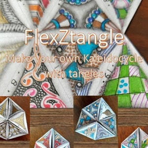 May include: A close-up of a paper craft project called "FlexZtangle: Make your own Kaleidocycle with tangles". The image shows five different folded paper shapes with intricate patterns and designs. The paper shapes are arranged in a circular pattern on a wooden surface.