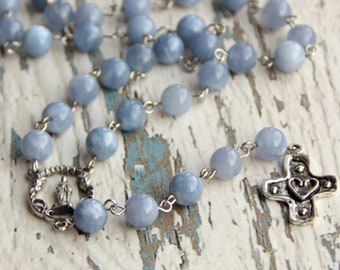 Cross long necklace prayer beads Christmas gift for her religious aquamarine beads women rosaries blue gemstone catholic first communion