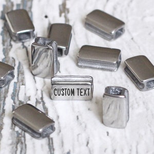 Custom beads square spacers. Personalized engraved bulk logo charm for bracelet. Metal jewelry image silver handwriting gift connectors