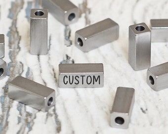 Engraved beads custom personalized. Bulk tube connectors logo metal spacer. Custom gift jewelry rectangle initials small bead
