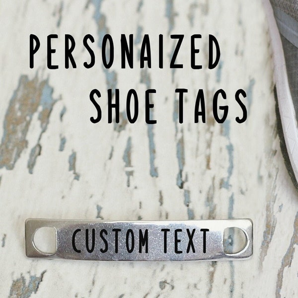 Custom shoe tags. Personalized logo runners shoe laces. Marathon gift charms for sneakers. Bulk engraved motivation quotes. Boot steel tags