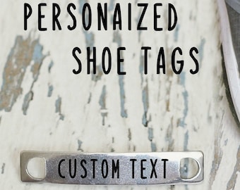 Custom shoe tags. Personalized logo runners shoe laces. Marathon gift charms for sneakers. Bulk engraved motivation quotes. Boot steel tags