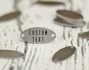 Wholesale charms custom logo. Metal labels oval pendant. Engraved personalized silver bar. Jewelry bulk customized 2 hole connector tag