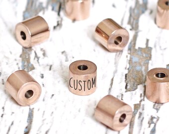 Custom engraved rose gold beads. Personalized spacer column bracelet add on beads. Bulk charm small. Drilled family name logo image