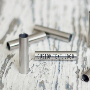 Personalized tube beads. Custom long connectors. Logo bulk engravable spacers. Engraved tubes 30mm. Stainless steel column tube charms