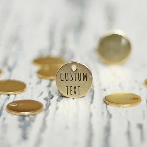 Custom round handwriting charm. Gold color coin steel metal tag. Personalized pendant engraved charm. Logo wholesale jewelry link