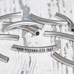 Personalized beads engraved tube. Custom logo jewelry connector. Charm wholesale handwriting metal tag. Long round name dates spacer