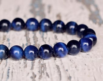 Beaded bracelet. Dark blue tiger eye bracelet 8mm. Bohemian stone jewelry.  Men gifts navy blue women