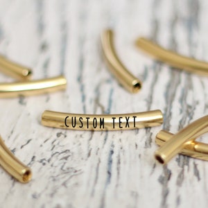 Engraved beads tube charm. Custom metal tags. Golden connector bulk blank. Personalized spacer long beads. Message charm for necklace