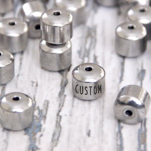 Engraved spacers custom image. Personalized beads for jewelry. Metal name bead wholesale blanks. Small connectors silver word gift charm