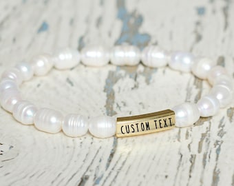 Tiny oval pearls custom bracelets. Ivory beads elegant wedding jewelry. Girl gift ideas bracelet for women. Personalized name bridal gift