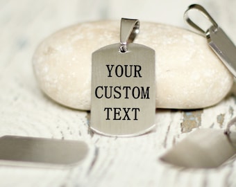Dijes grabados con logotipo personalizado, colgante rectangular con enlace personalizado, nombre, venta al por mayor, acero, grabado láser, collar para hombre, etiqueta, joyería