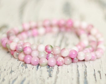 Stack bracelet beaded set. Jade stones women jewelry. Gift for daughter. Pink boho stretch bracelets. Dainty small beads