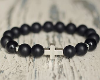 Mens jewelry cross Bracelet Gift under 30 christian layering bracelet beaded stone gift for him black agate 10mm men's cross bracelet string