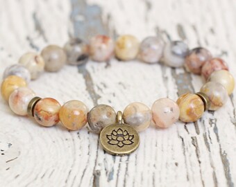 lotus bracelet agate beads. Gift for her. Mala beaded bracelet. Women yoga charm jewelry